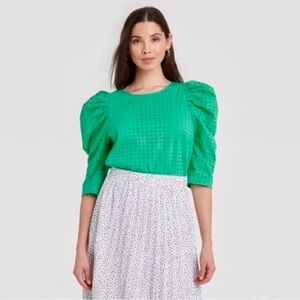 A new day puff sleeve blouse emerald green eyelet cotton 3/4 sleeve size XS